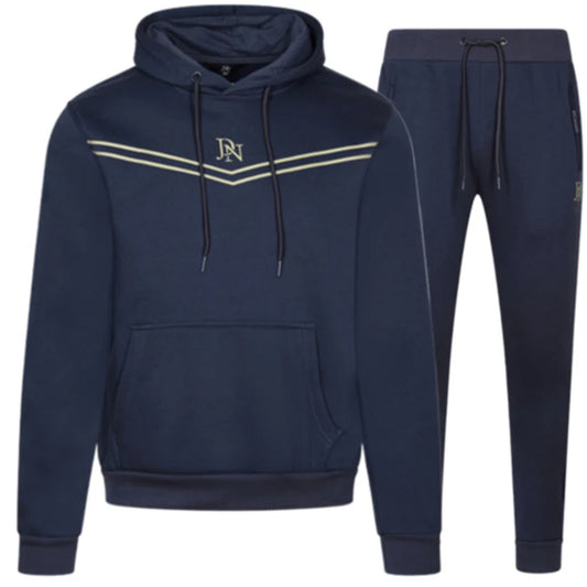 Men's JDN navy blue hoodie tracksuit with gold chest stripes and logo – pullover hoodie and joggers set, casual streetwear