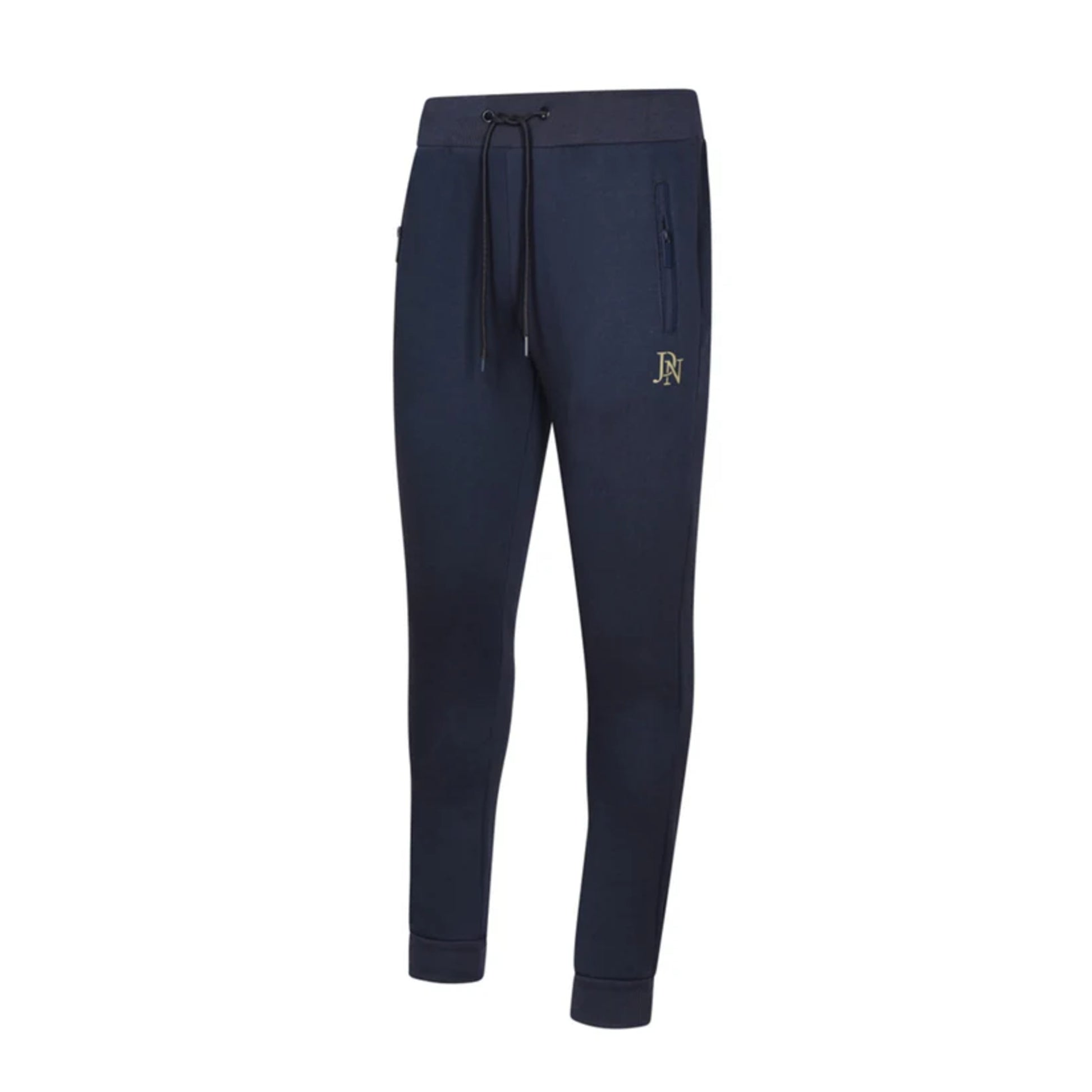 Men's JDN navy blue hoodie tracksuit with gold chest stripes and logo – pullover hoodie and joggers set, casual streetwear