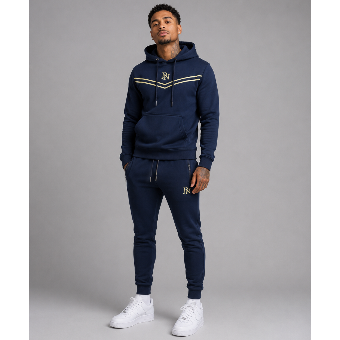 Men's JDN navy blue hoodie tracksuit with gold chest stripes and logo – pullover hoodie and joggers set, casual streetwear