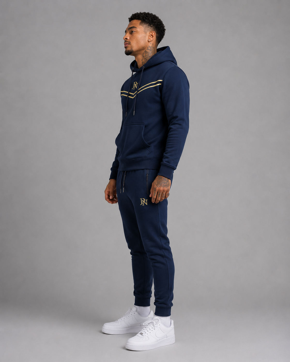 Men's JDN navy blue hoodie tracksuit with gold chest stripes and logo – pullover hoodie and joggers set, casual streetwear