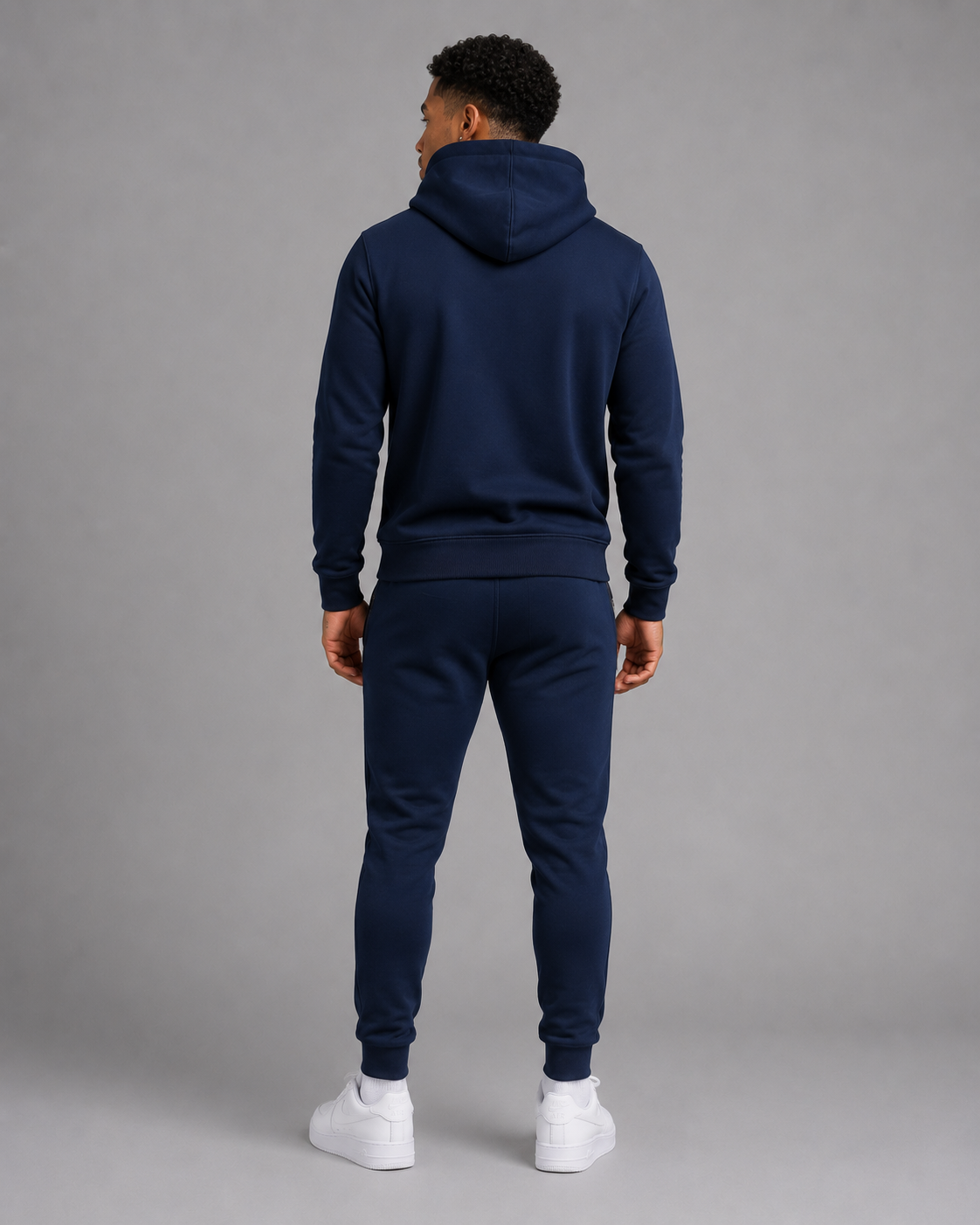 Men's JDN navy blue hoodie tracksuit with gold chest stripes and logo – pullover hoodie and joggers set, casual streetwear