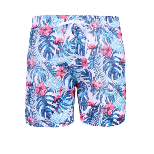 Men's white tropical swim shorts – blue leaf print with pink flamingos and flowers
