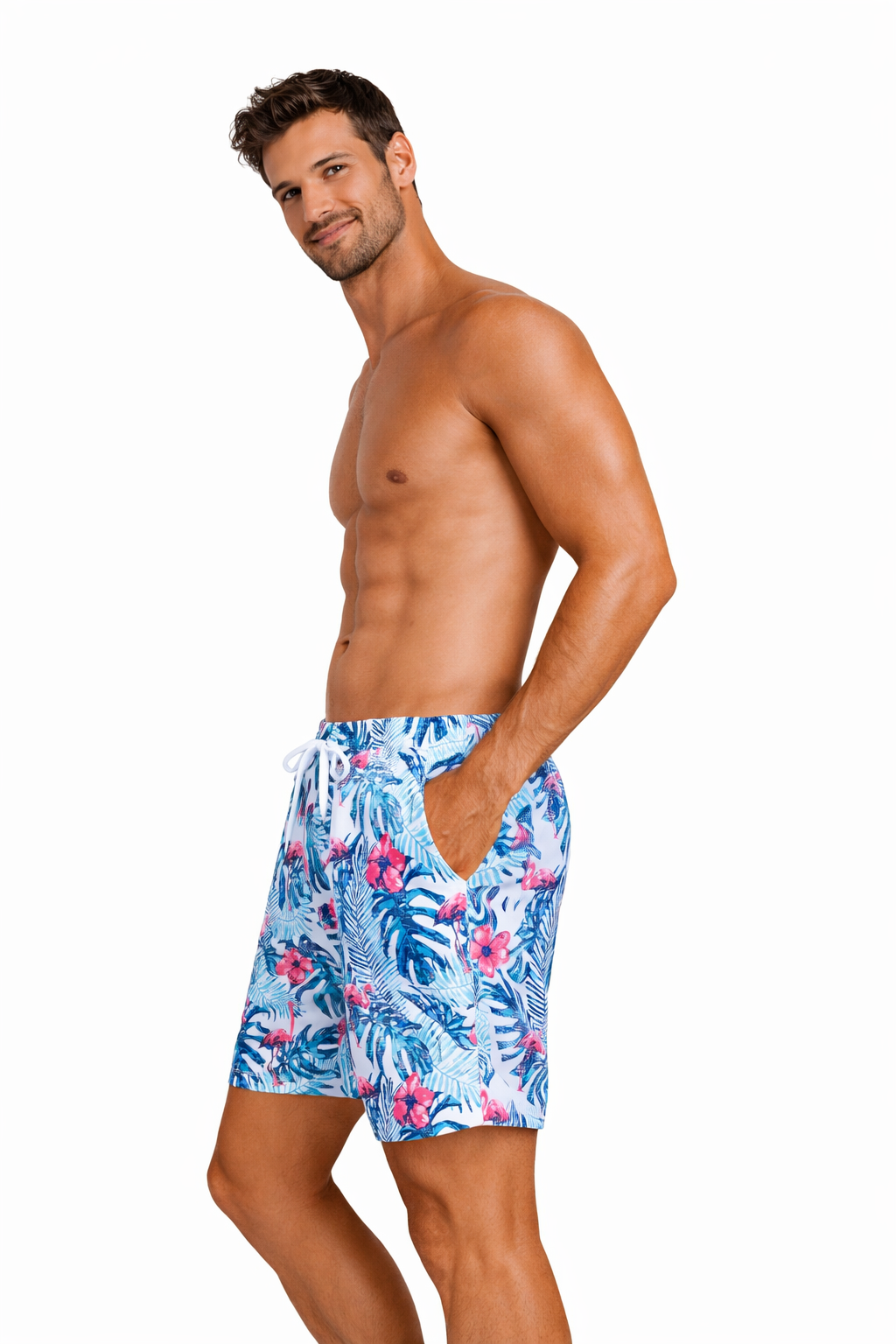 Men's white tropical swim shorts – blue leaf print with pink flamingos and flowers