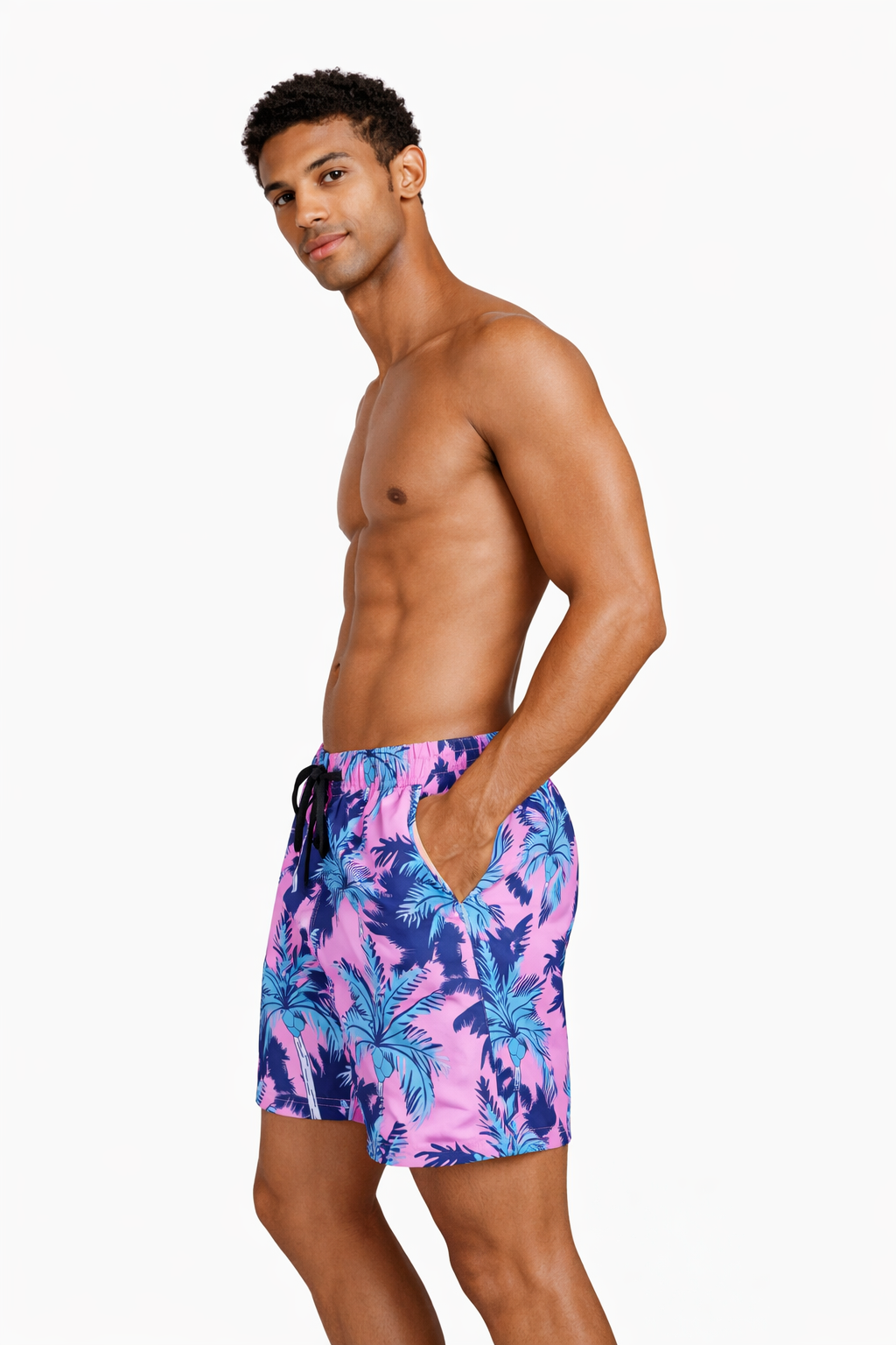 Men's pink tropical swim shorts – blue palm tree print with black drawstring