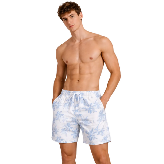 Men's white tropical swim shorts – light blue palm tree print with white 
