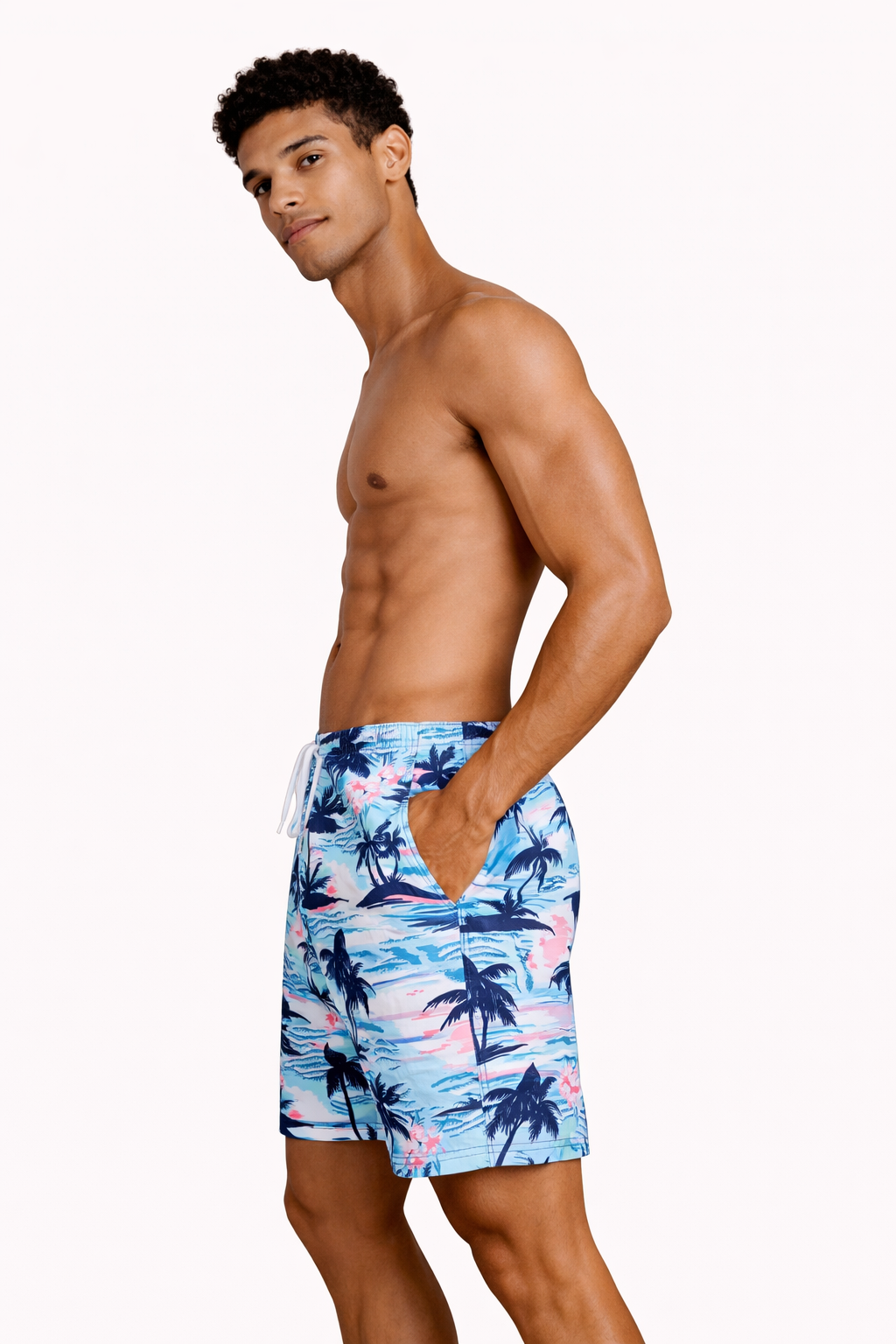 Men's tropical print swim shorts – light blue with palm tree and floral design