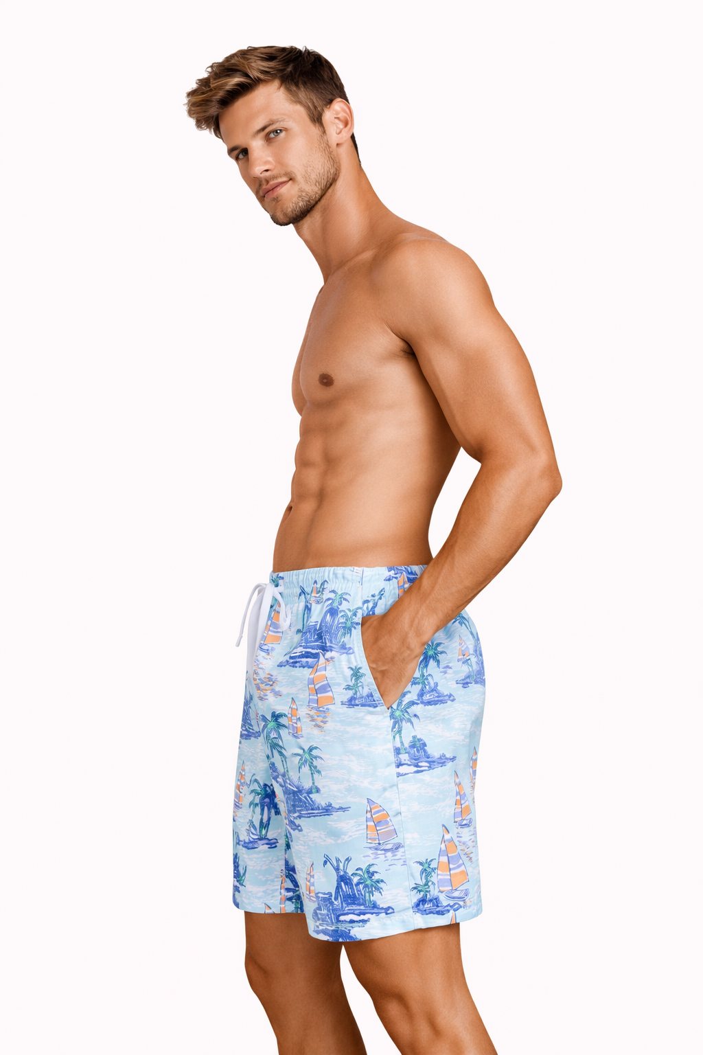 Men's light blue tropical swim shorts – island and sailboat print with white drawstring
