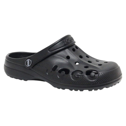 Black Jogo clogs with breathable ventilation holes and adjustable heel strap – lightweight unisex slip-on garden shoes