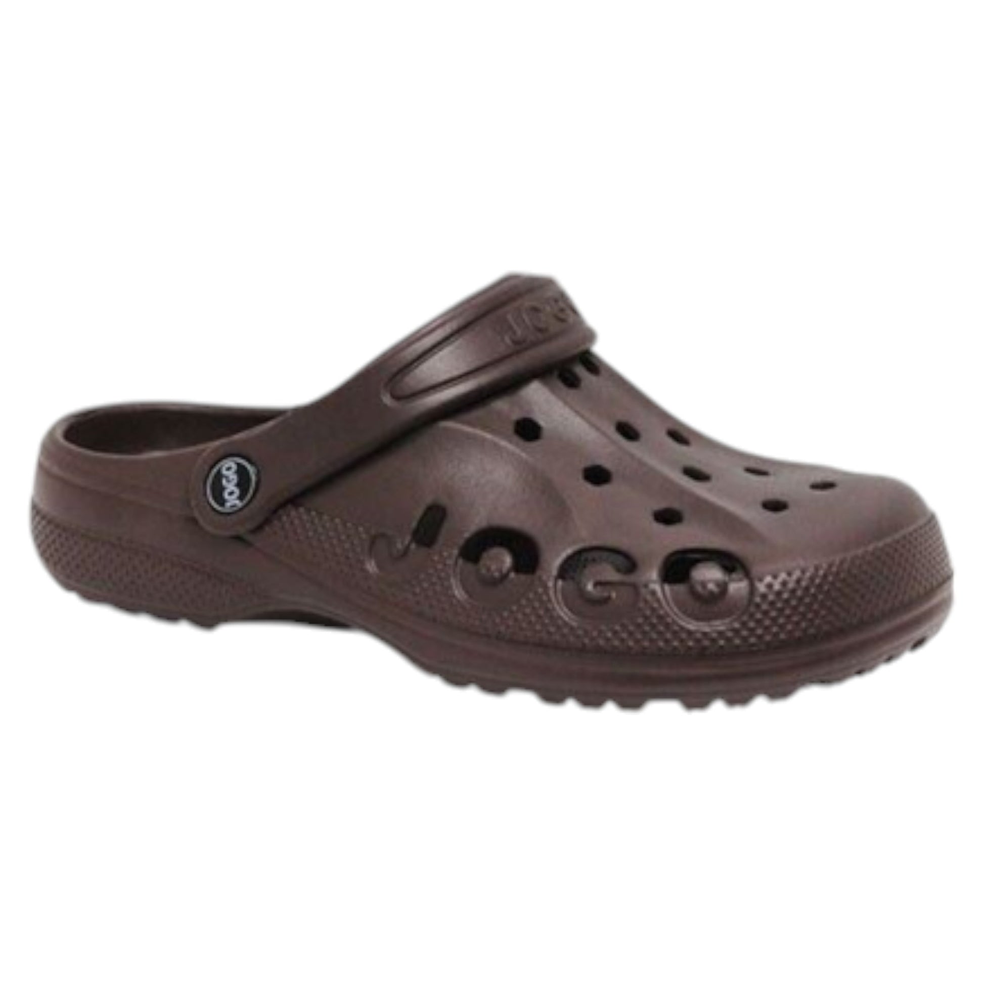 Mens dark brown Jogo clogs with breathable ventilation holes and adjustable heel strap – lightweight unisex slip-on garden shoes
