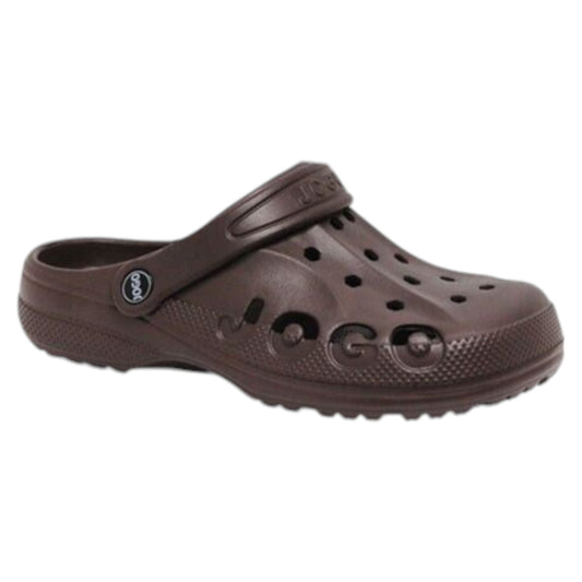 Mens dark brown Jogo clogs with breathable ventilation holes and adjustable heel strap – lightweight unisex slip-on garden shoes