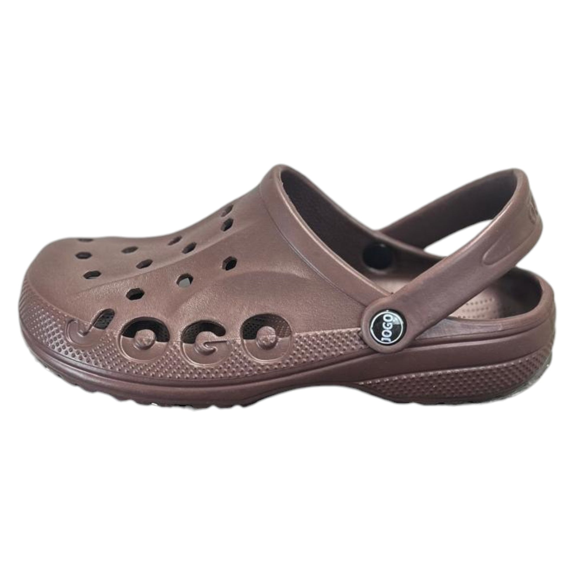 Mens dark brown Jogo clogs with breathable ventilation holes and adjustable heel strap – lightweight unisex slip-on garden shoes