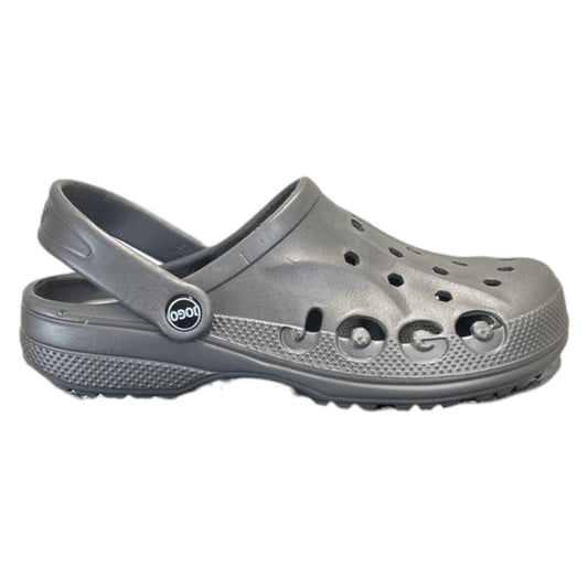 Mens dark grey Jogo clogs with breathable ventilation holes and adjustable heel strap – lightweight unisex slip-on garden shoes