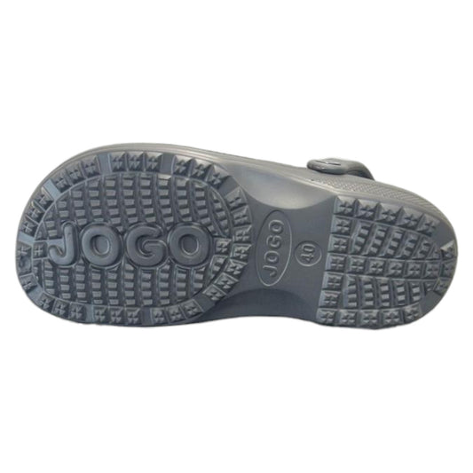 Mens dark grey Jogo clogs with breathable ventilation holes and adjustable heel strap – lightweight unisex slip-on garden shoes