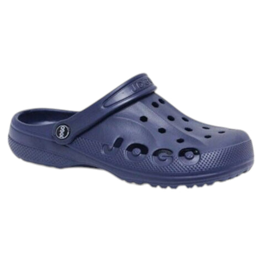 Mens Navy Jogo clogs with breathable ventilation holes and adjustable heel strap – lightweight unisex slip-on garden shoes