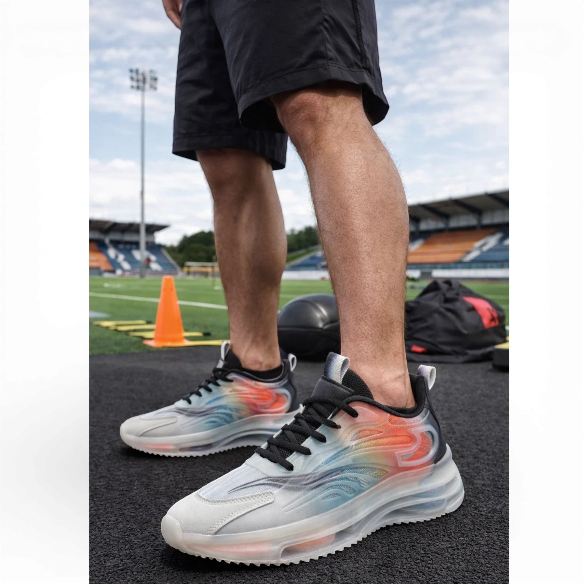 Men’s lightweight gradient air sole trainers in white with blue and orange detail