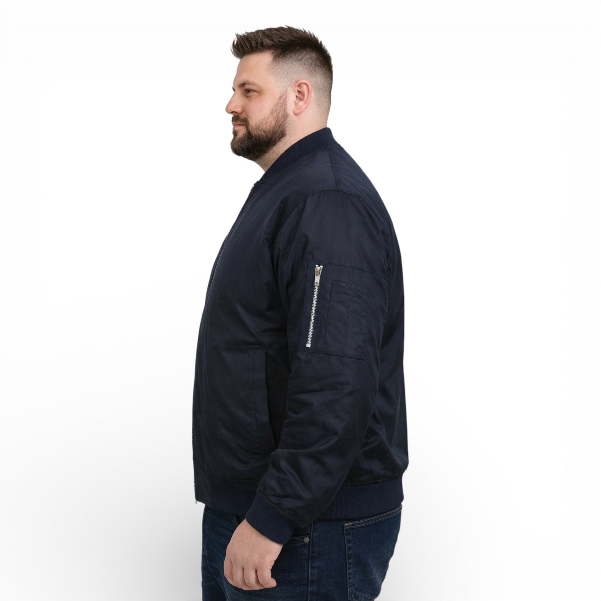 Men’s MA1 bomber jacket side profile with sleeve zip pocket detail