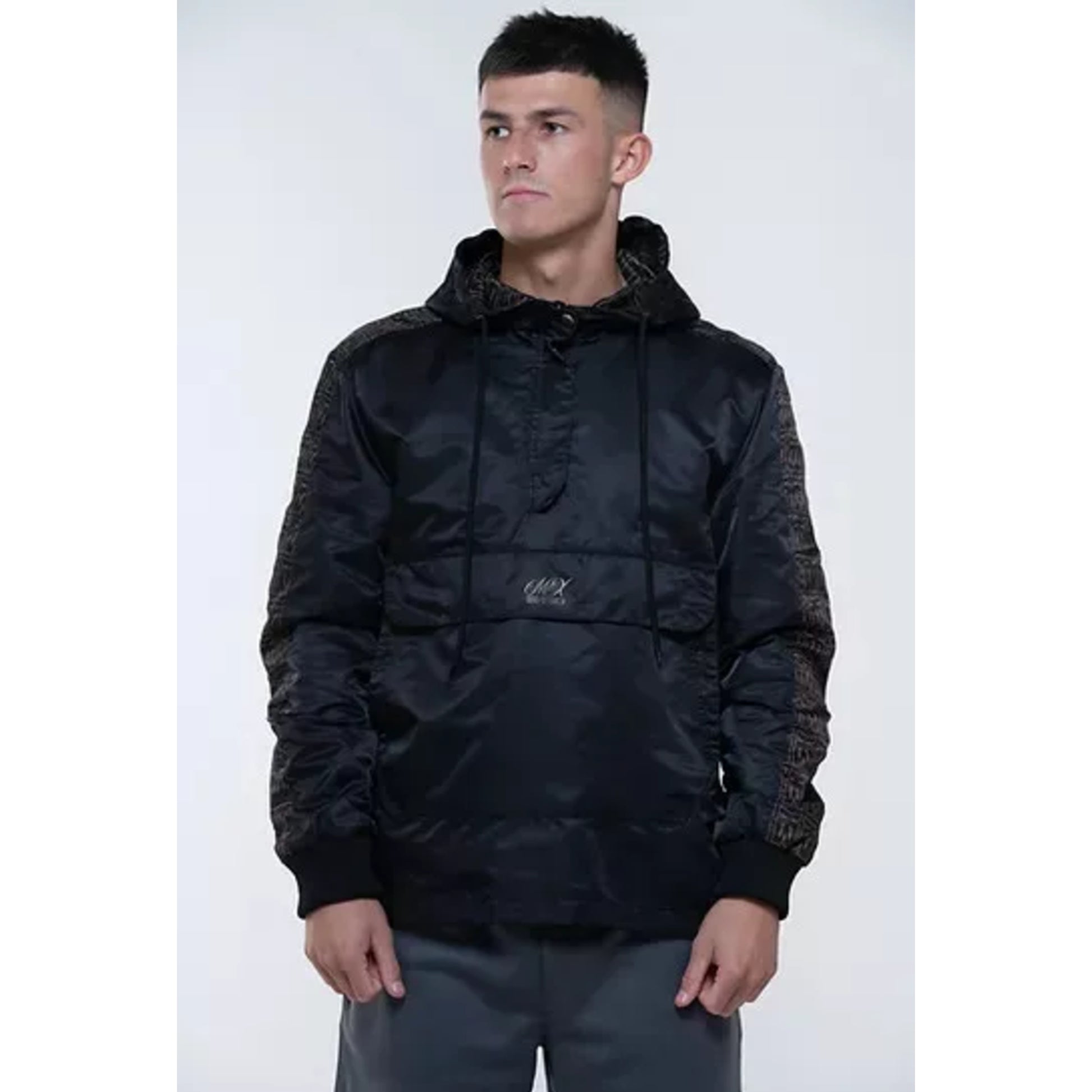 Men's MX branded black hooded pullover jacket with front pouch pocket and black patterned sleeves