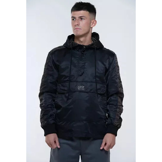 Men's MX branded black hooded pullover jacket with front pouch pocket and black patterned sleeves