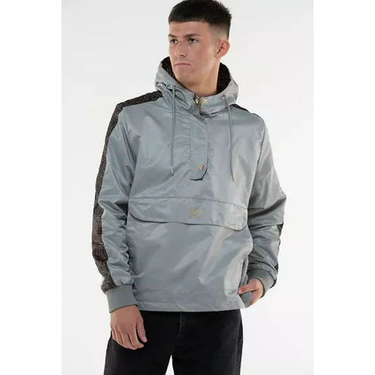 Men's MX branded grey hooded pullover jacket with front pouch pocket and black patterned sleeves