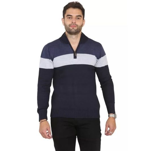 Men's blue and grey colour block 1/4 zip cotton jumper with high collar