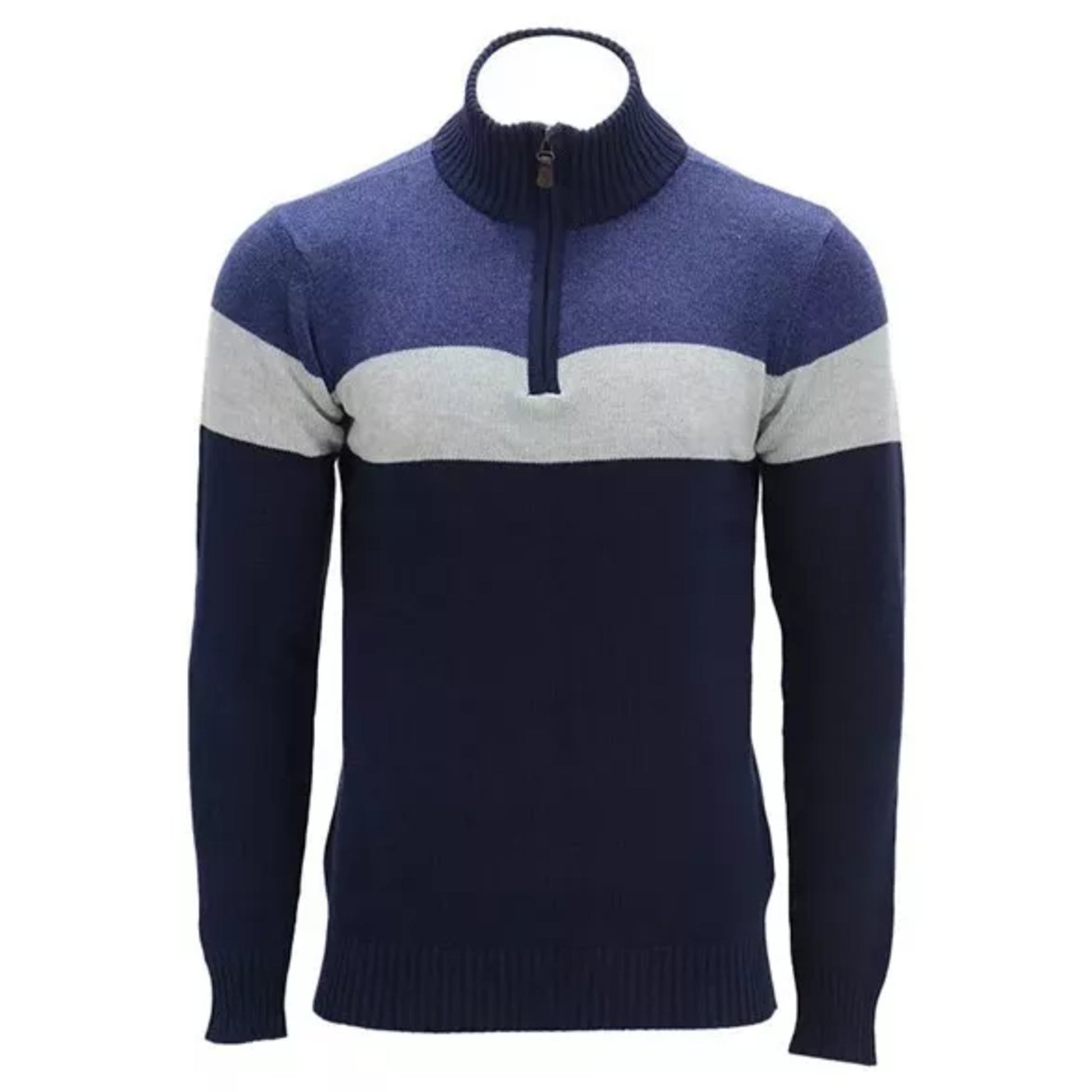 Men's blue and grey colour block 1/4 zip cotton jumper with high collar