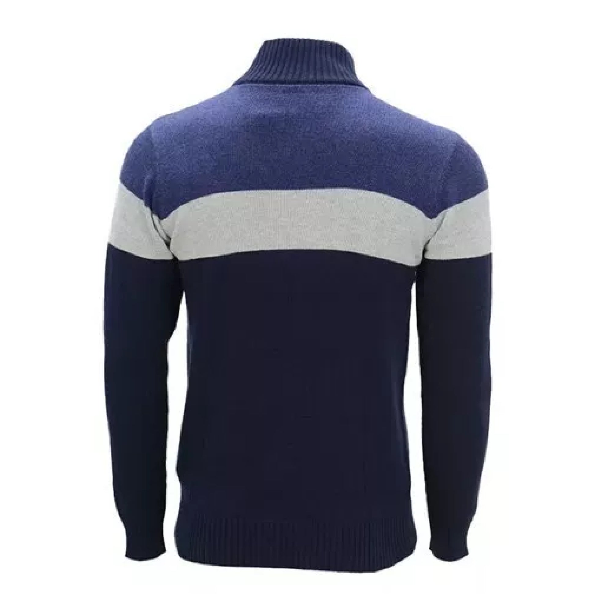 Men's blue and grey colour block 1/4 zip cotton jumper with high collar