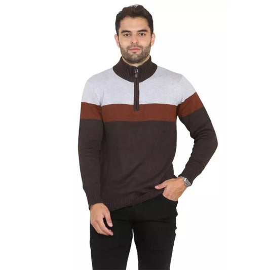 Men's chestnut and grey colour block 1/4 zip cotton jumper with high collar