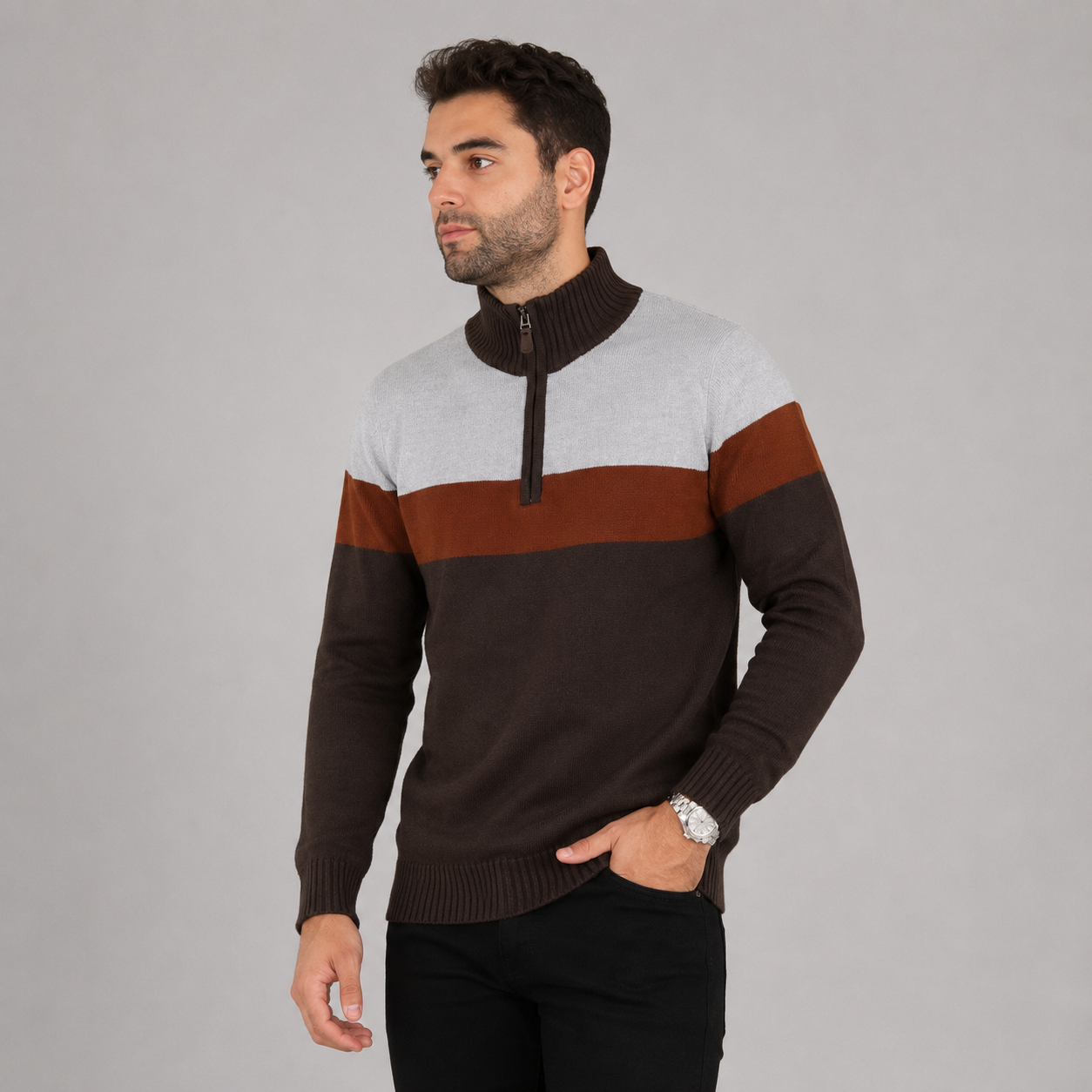 Men's chestnut and grey colour block 1/4 zip cotton jumper with high collar