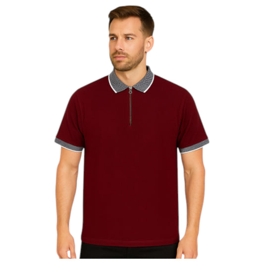 Mens Maroon Zip Neck Polo Top