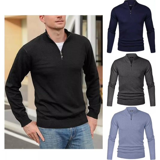Men's high-quality classic 1/4 zip jumper in slate black, navy or grey – long sleeve knit sweater with ribbed cuffs and hem, ideal for smart casual wear