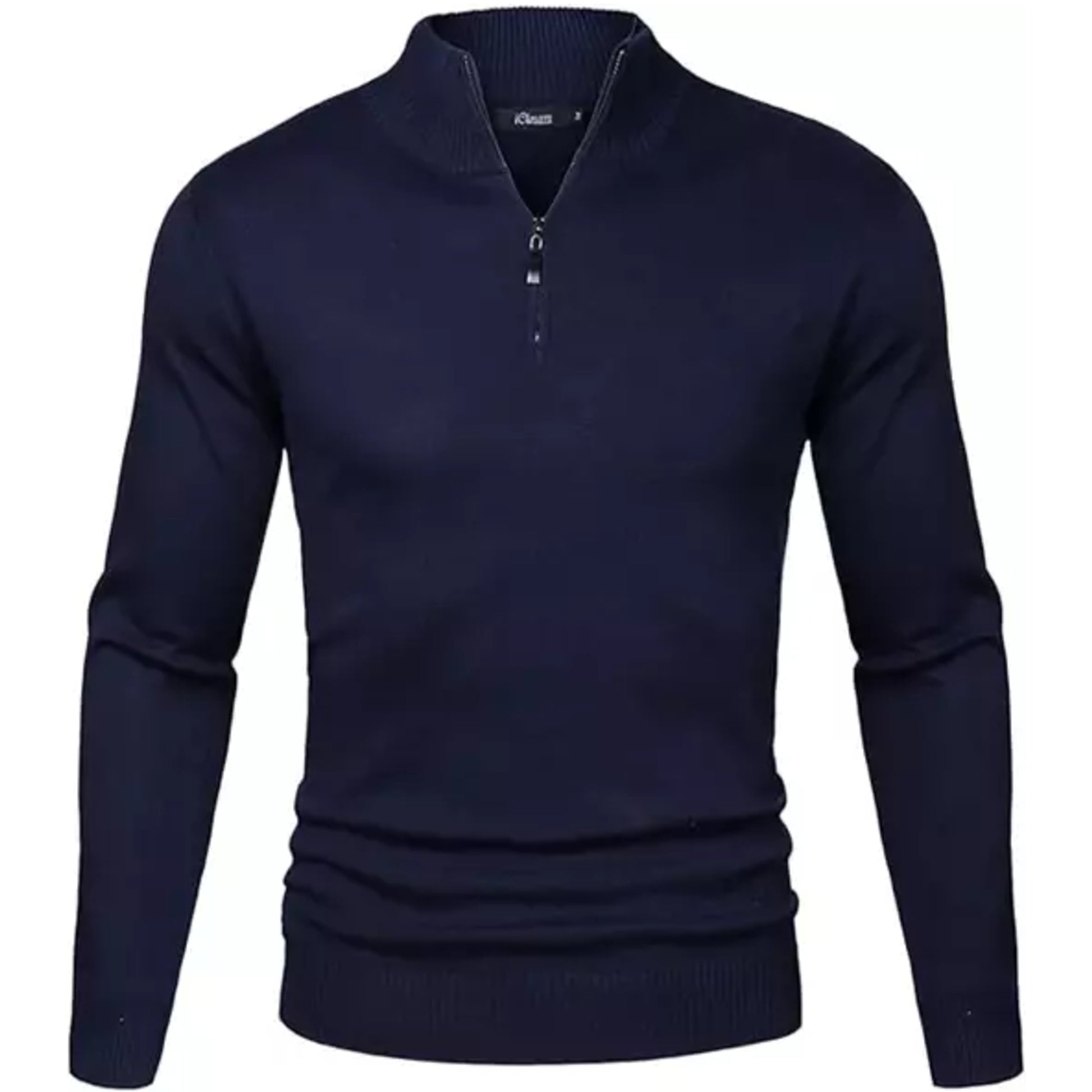 Men's high-quality classic 1/4 zip jumper in navy – long sleeve knit sweater with ribbed cuffs and hem, ideal for smart casual wear