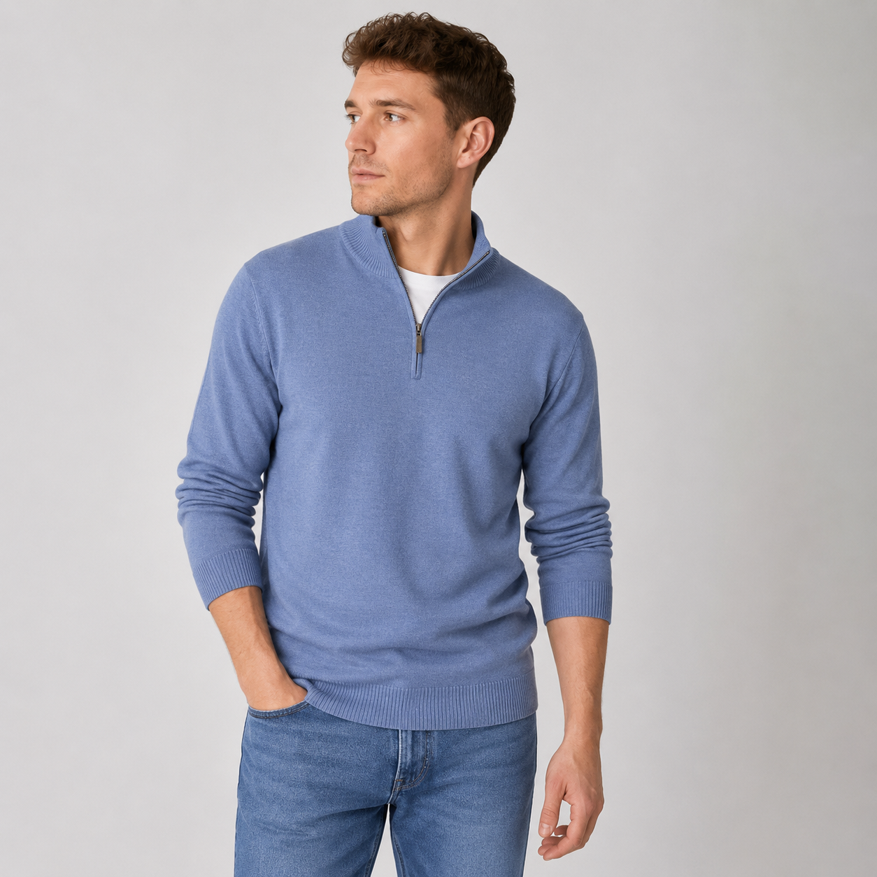 Men's high-quality classic 1/4 zip jumper in slate grey – long sleeve knit sweater with ribbed cuffs and hem, ideal for smart casual wear
