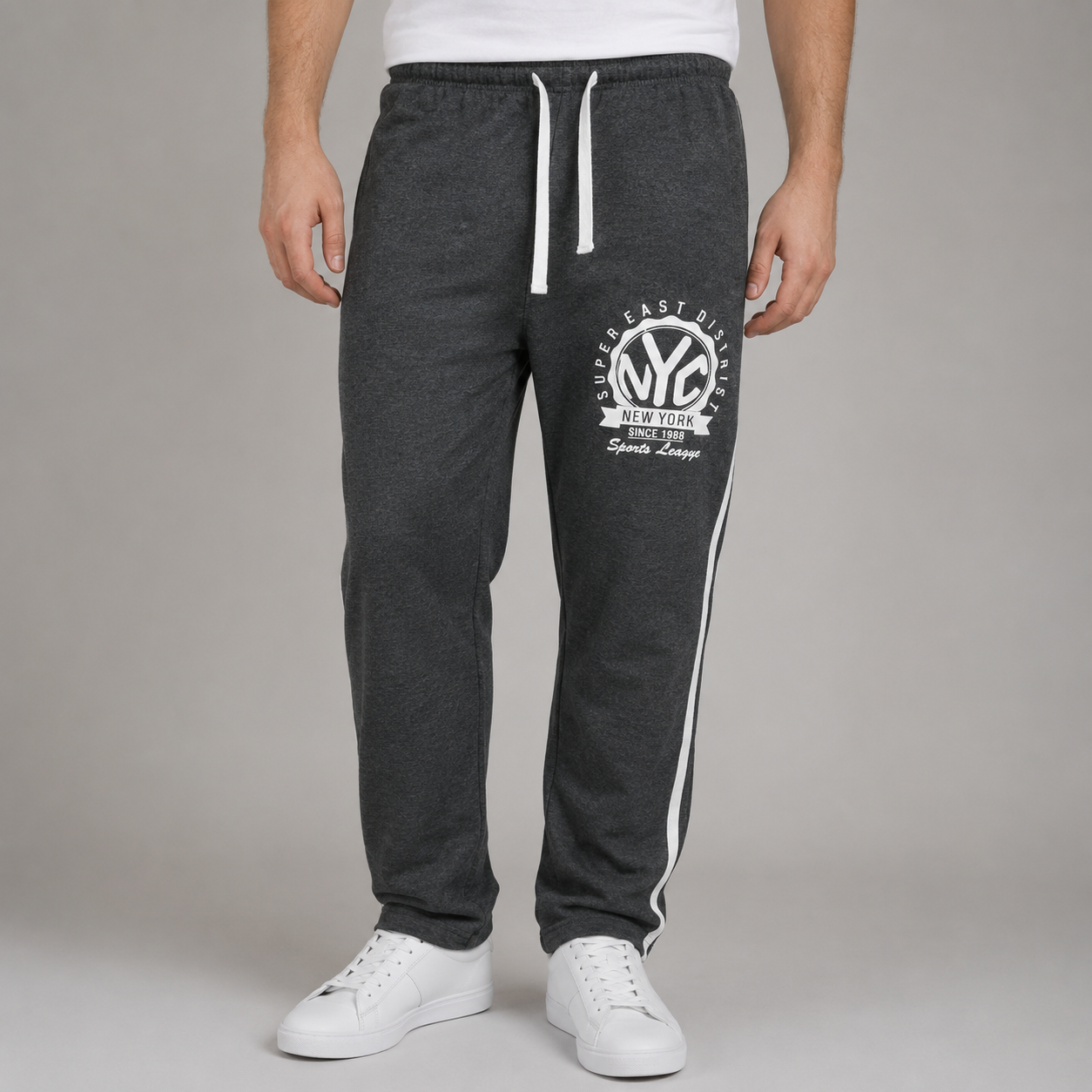 Men's charcoal joggers with NYC logo, Super East District print, elasticated waist with white drawstring, side stripe detail, casual loungewear trousers