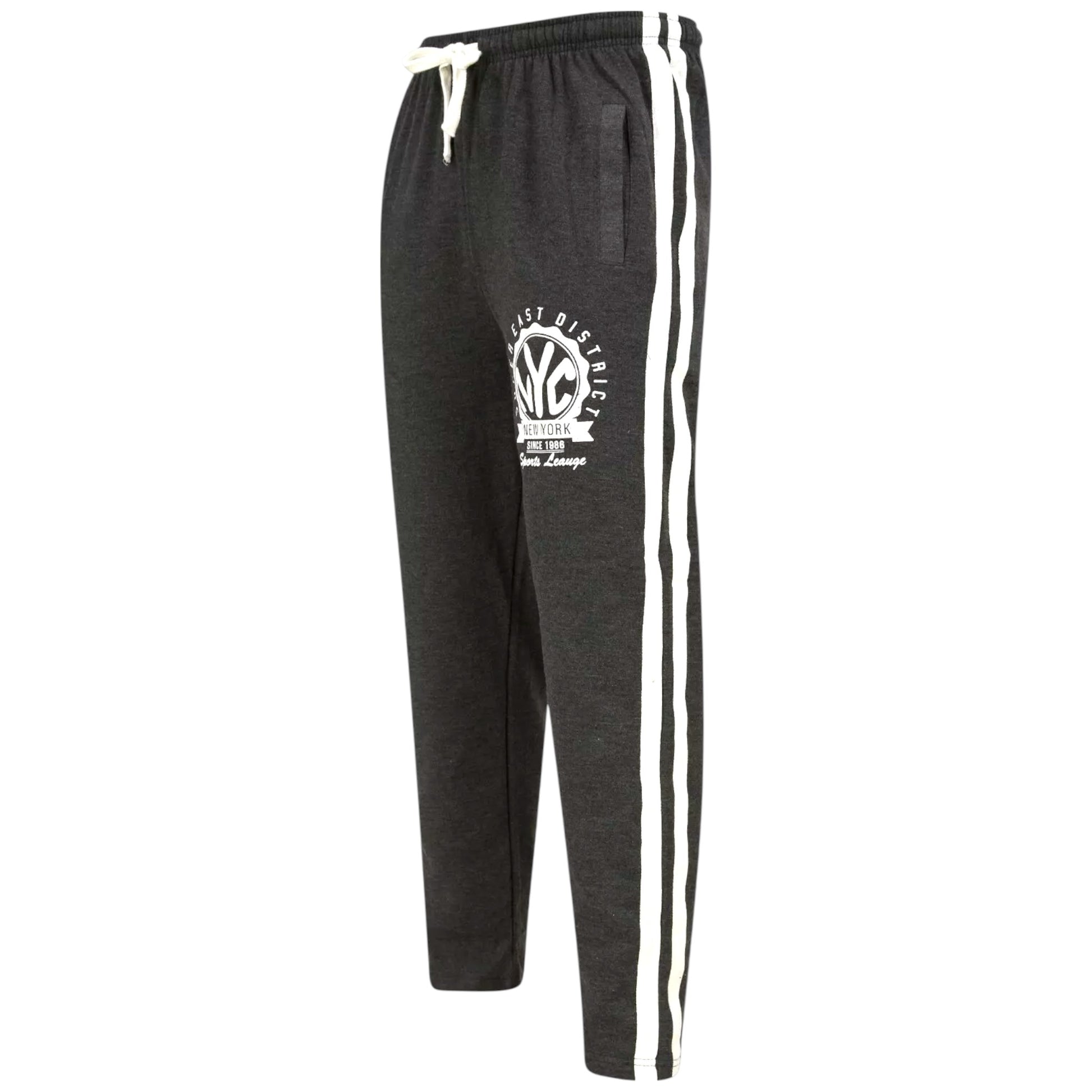 Men's charcoal joggers with NYC logo, Super East District print, elasticated waist with white drawstring, side stripe detail, casual loungewear trousers