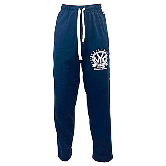 Men's Navy joggers with NYC logo, Super East District print, elasticated waist with white drawstring, side stripe detail, casual loungewear trousers
