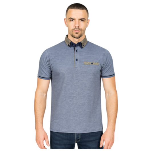 Men’s navy blue contrast collar polo shirt with patterned trim and short sleeves – smart casual cotton top.