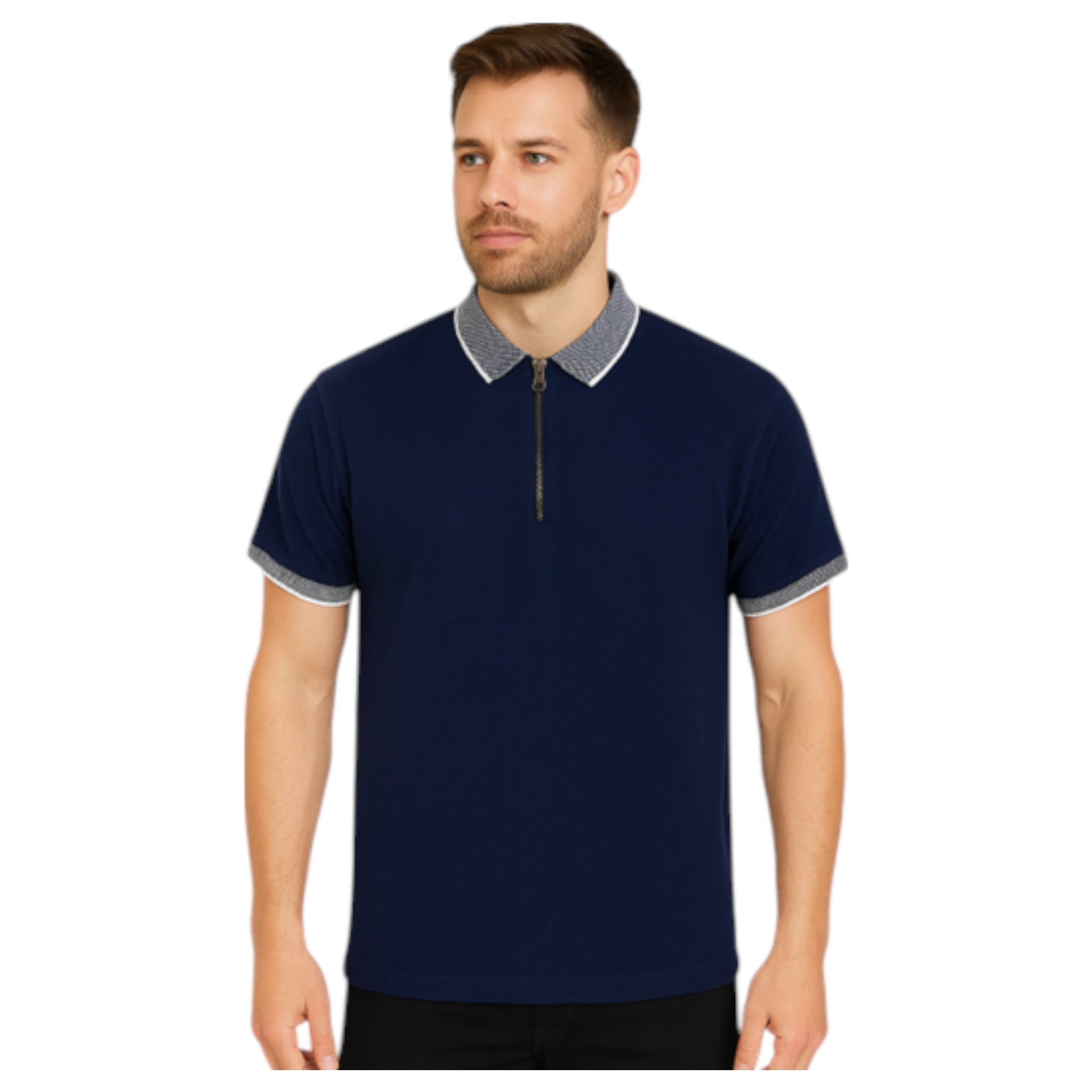 Mens Navy Zip Neck Polo shirt Top