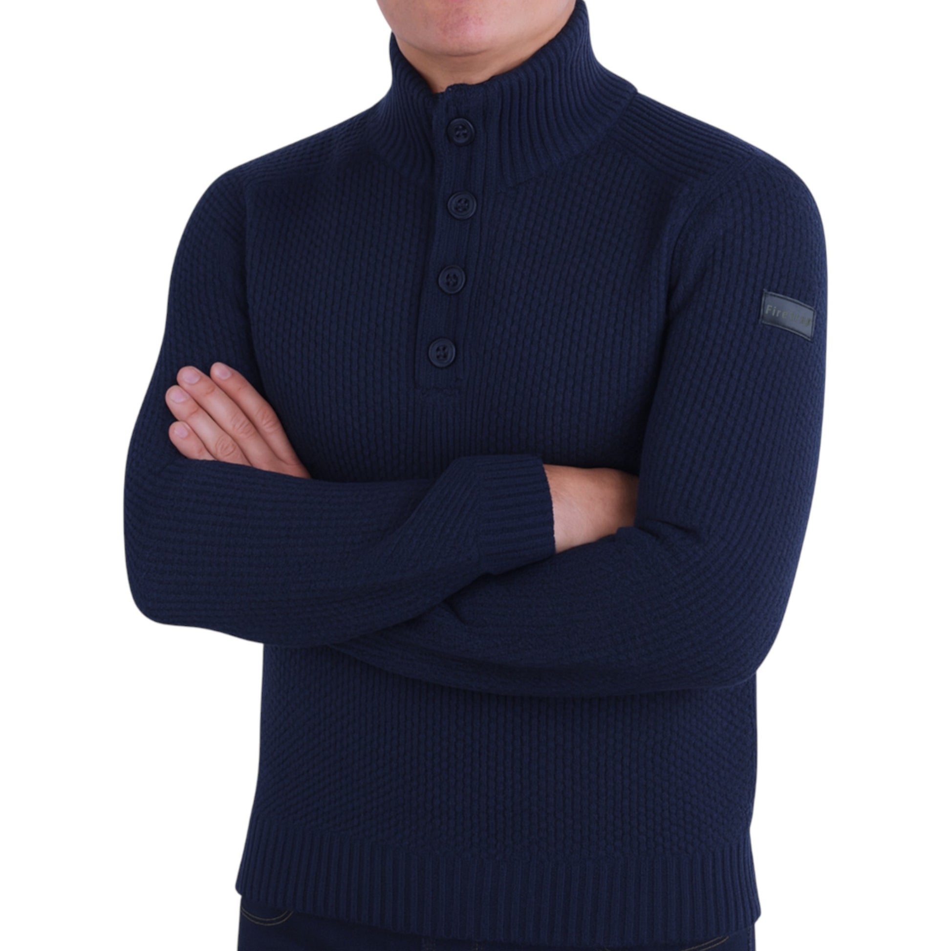 Firetrap men’s navy funnel neck jumper with button placket – ex store knit pullover