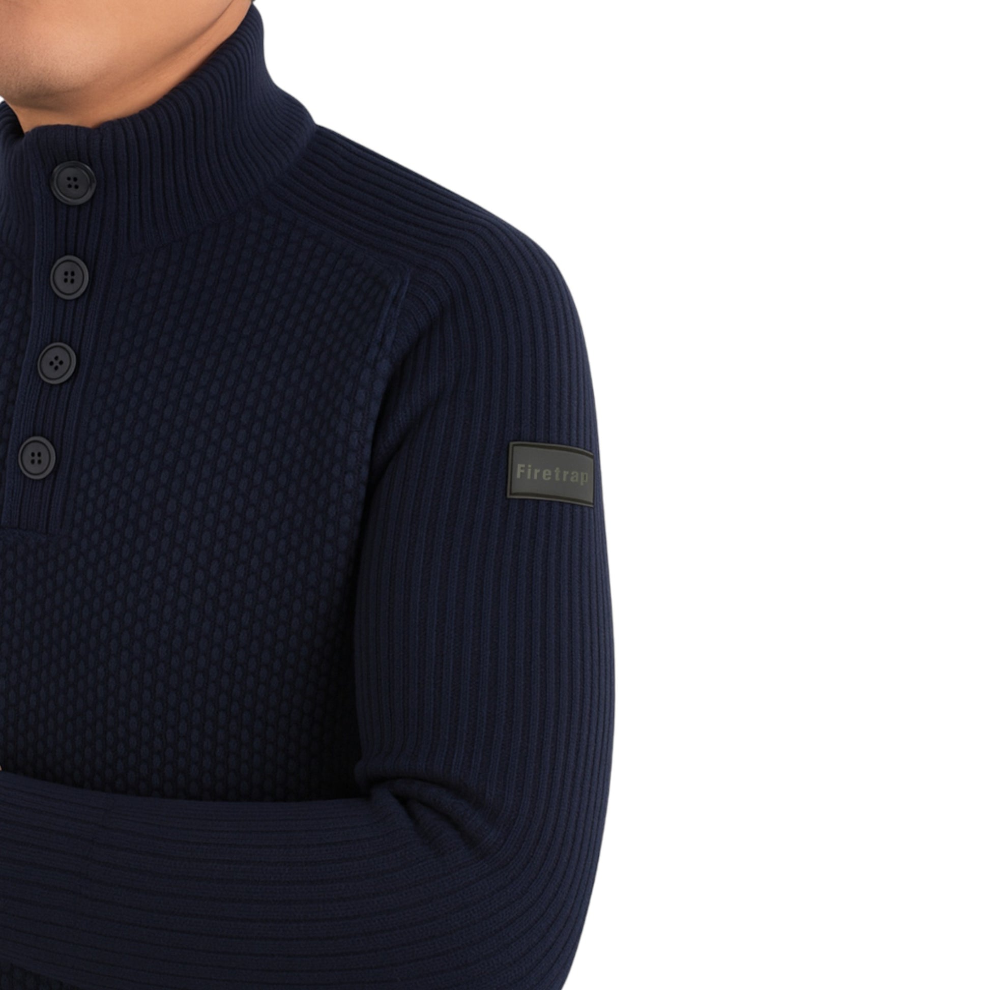 Firetrap men’s navy funnel neck jumper with button placket – ex store knit pullover