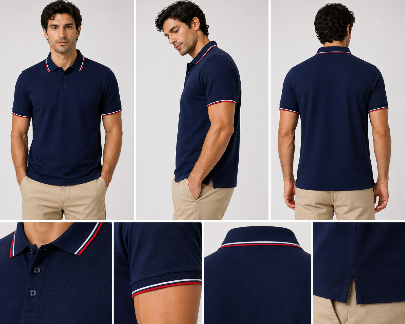Navy polo shirt with red and white stripe collar detail