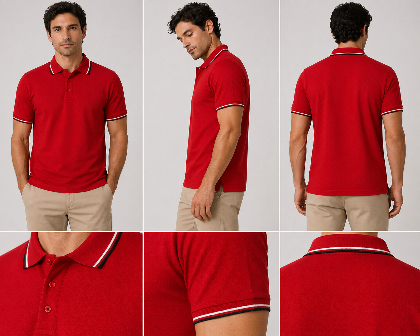 Red polo shirt with black and white striped collar detail