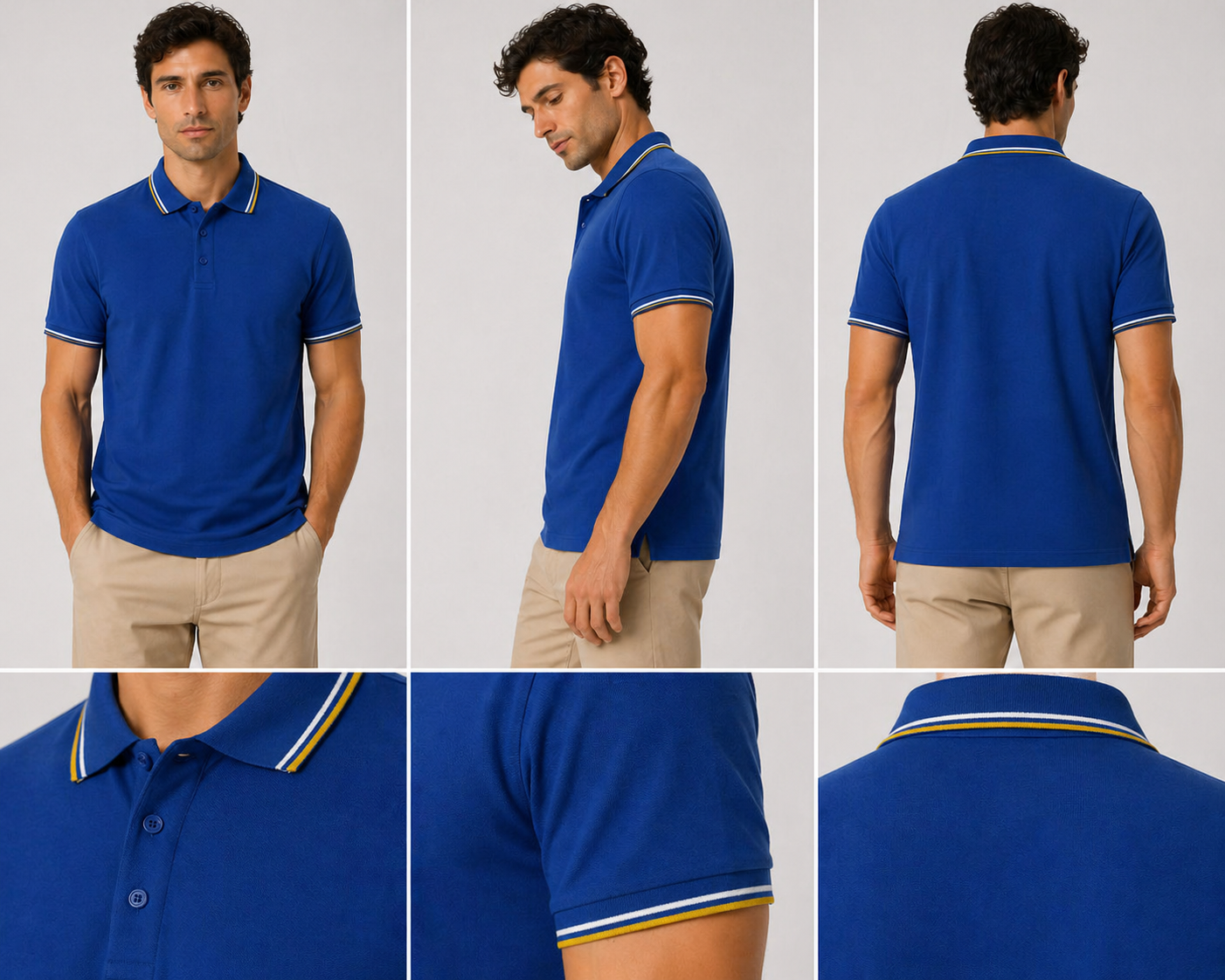 Blue polo shirt with yellow stripe collar and sleeve detail