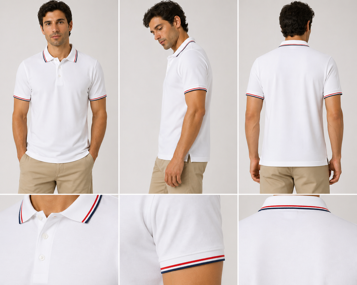 White polo shirt with red and navy striped collar detail