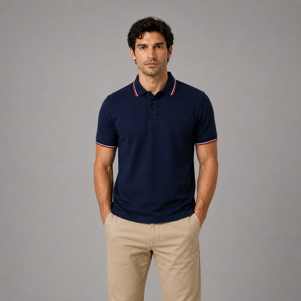 Navy polo shirt with red and white stripe collar detail