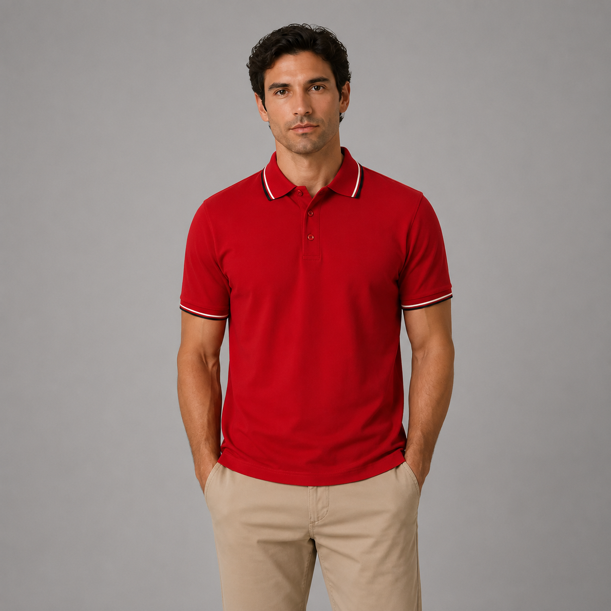 Red polo shirt with black and white striped collar detail