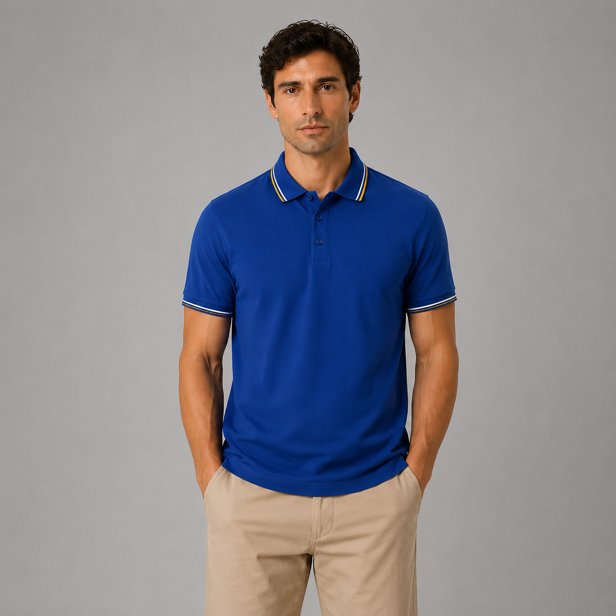 Blue polo shirt with yellow stripe collar and sleeve detail
