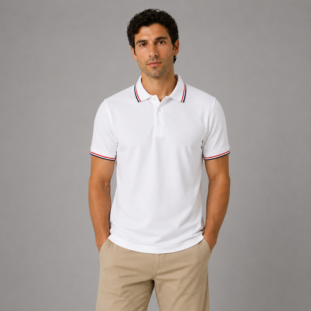 White polo shirt with red and navy striped collar detail