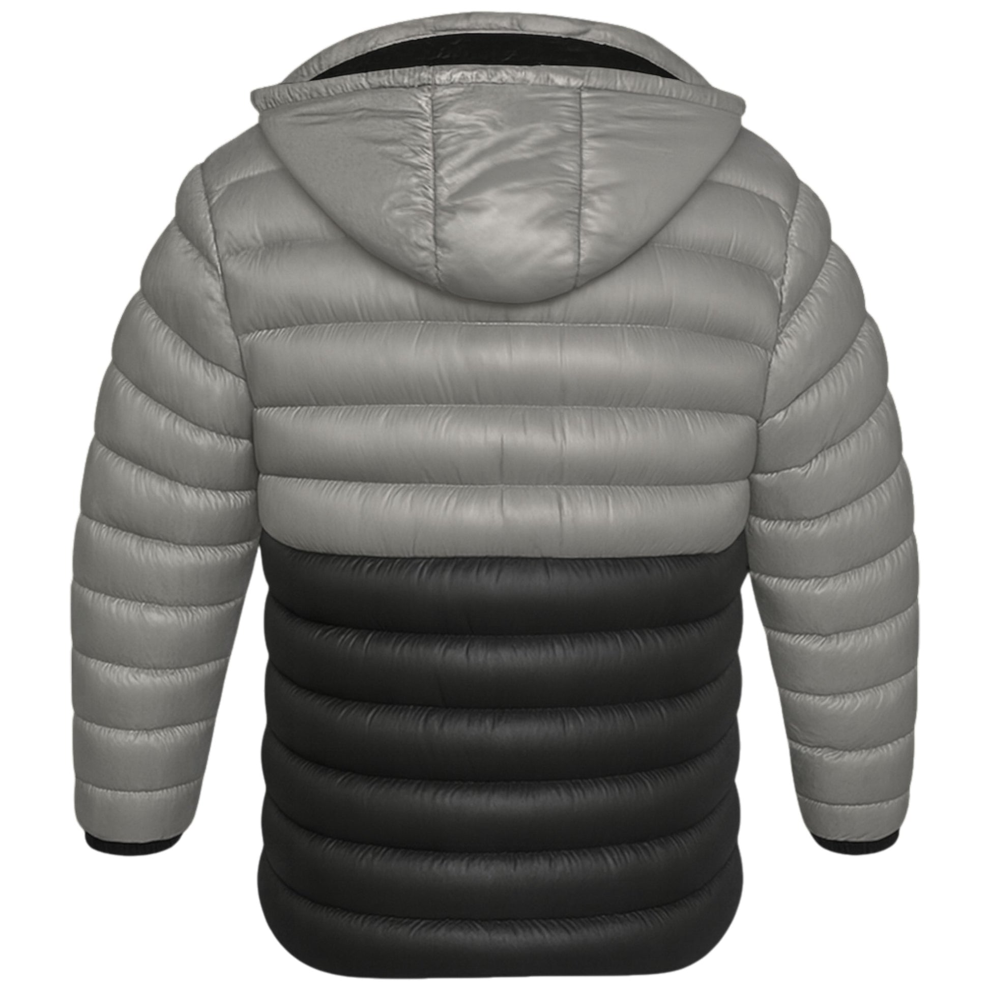 Men’s black and grey two-tone puffer jacket with detachable hood, quilted winter coat