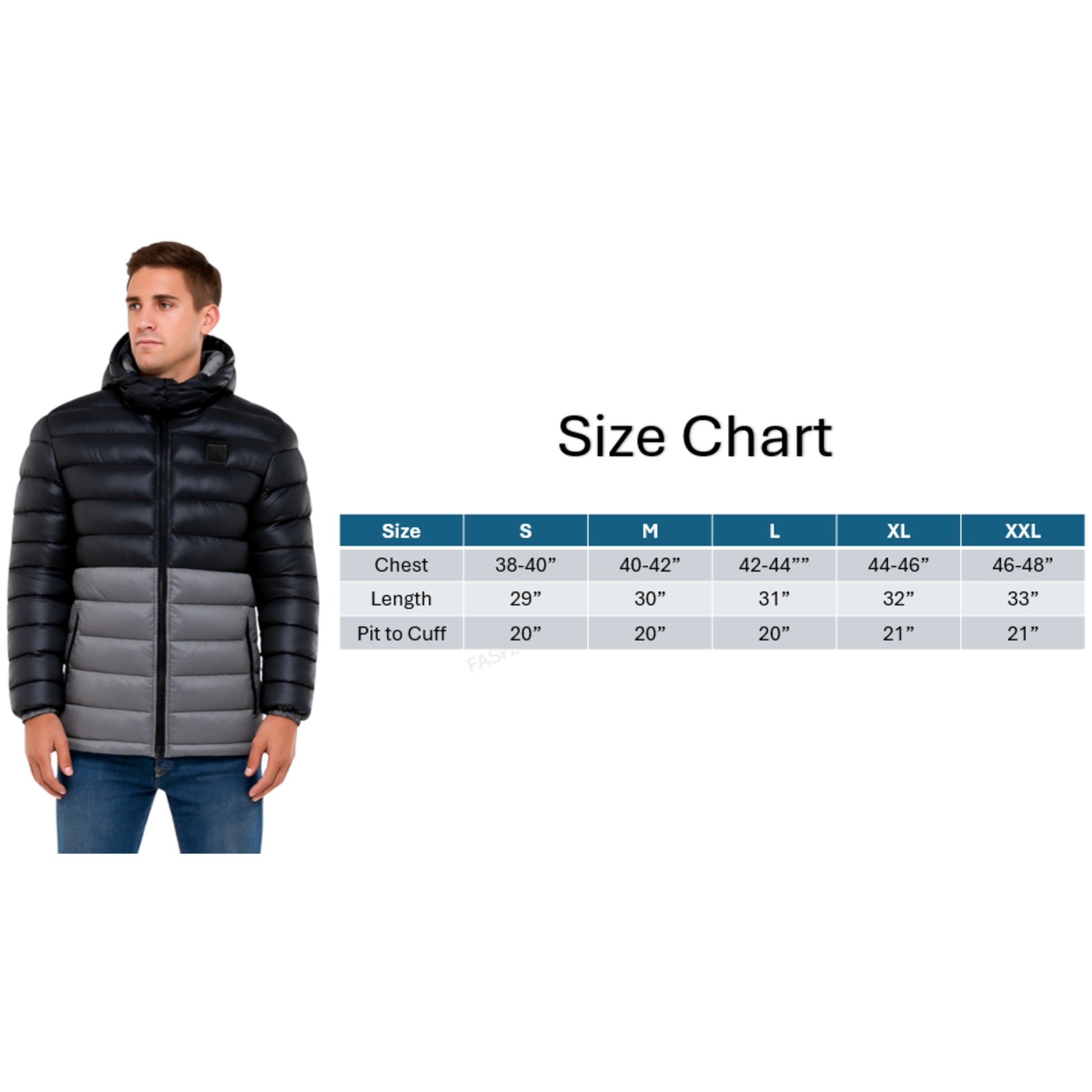 Men’s black and grey two-tone puffer jacket with detachable hood, quilted winter coat