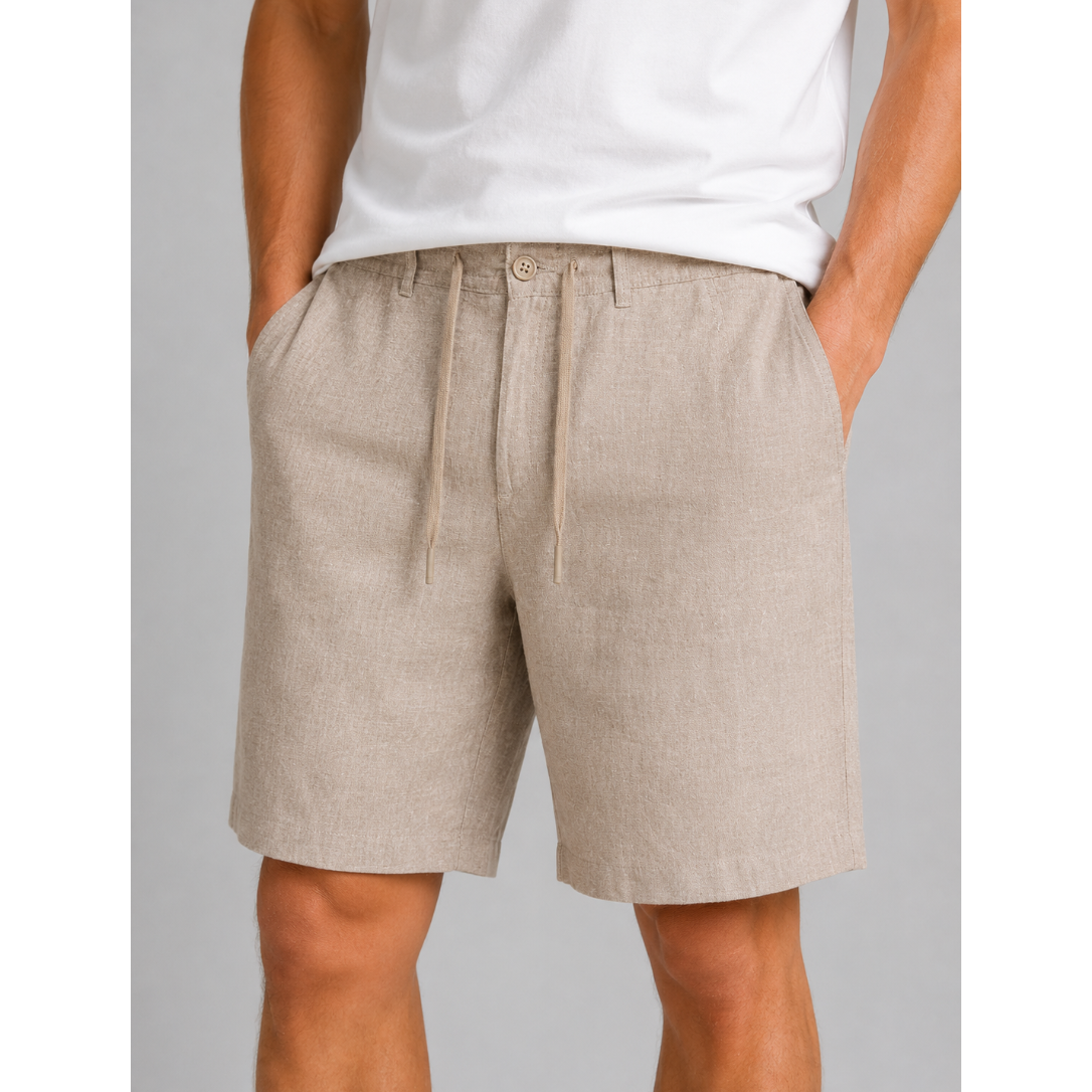 Men's Linen Cotton Blend Tailored Shorts in Dark Beige with Drawstring and Pockets